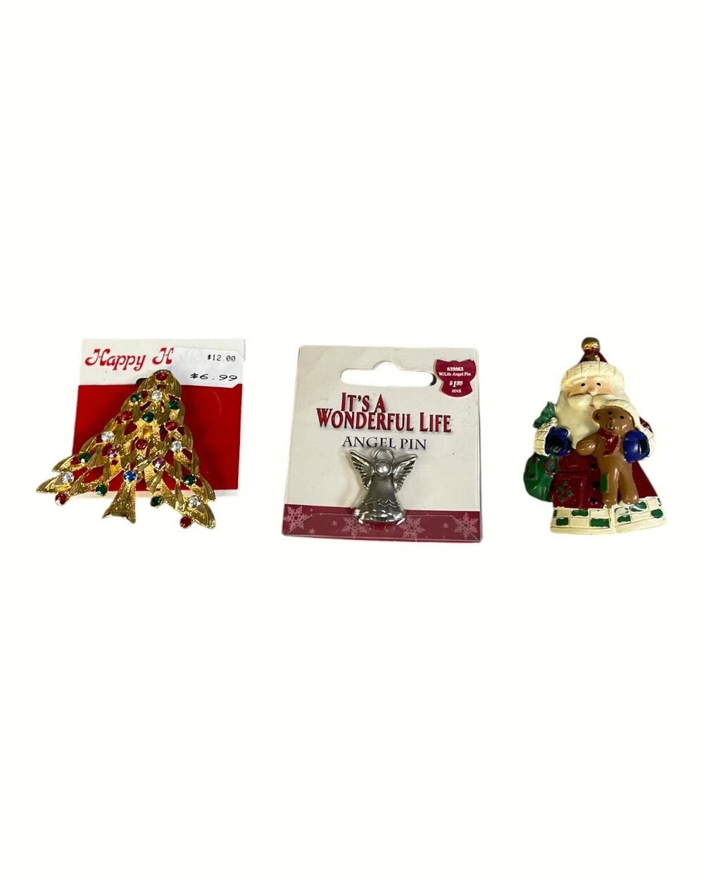 Vintage Unbranded Quantity 3 Christmas Brooches: Angel, Resin Santa & Tree